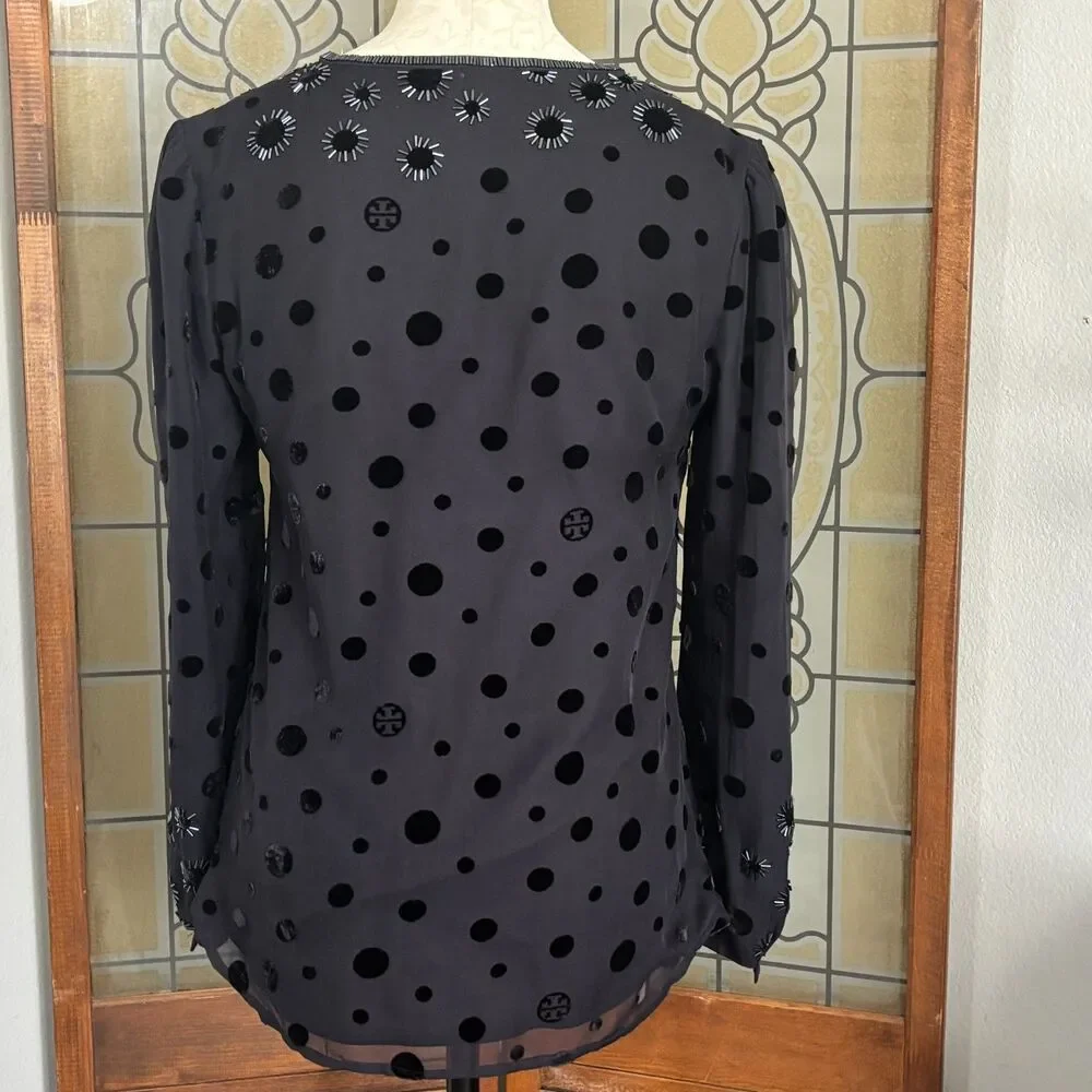 Tory Burch Angela Silk Velvet Dot Beaded Dark Navy Tunic Blouse Top Size 4